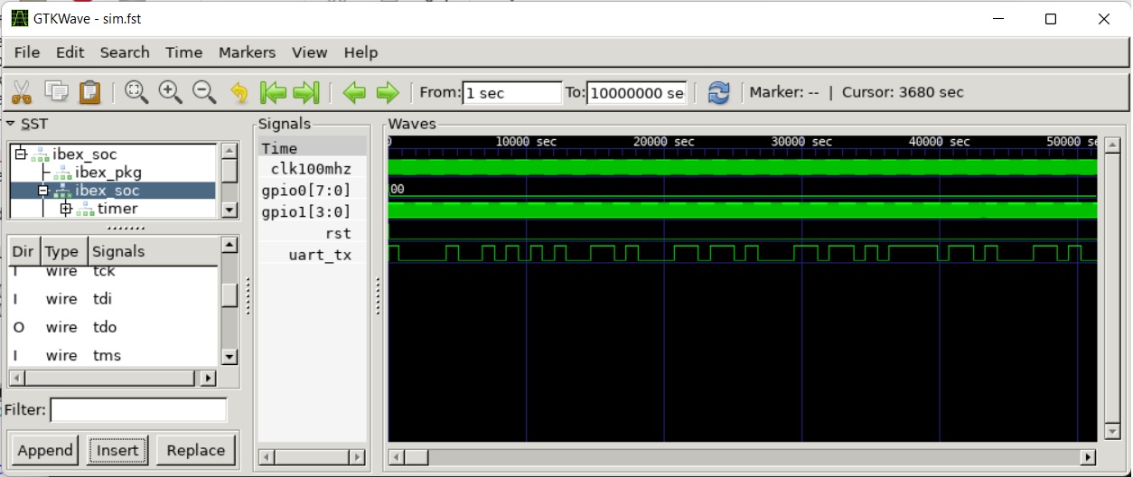 Gtkwave View of Waveform Trace Generated by *Hello World* Verilator Test Bench